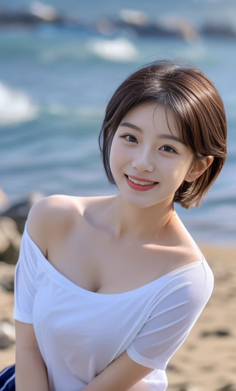 (a gorgeous korean lady, age 20s, wearing a wet oversized white high-neck t-shirt, pleated skirt, posing naturally at a windy beach, (beach by the sea:1.2),
Joyful expression, kind smile, dimpled cheeks, short ponytail, short bob hair, cute snaggleteeth, ample round bosom, perfect body anatomy, photorealistic, beautiful detailed eyes, hyper-realism, high contrast, ultra HD, realistic skin textures, top image quality, top-quality, super high resolution, fine details, serene ambience, very meticulously, high angle shot, medium shot, cowboy shot, sun rays, lens flare, SFW)