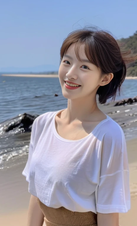 (a gorgeous korean lady, 0s, wearing a wet oversized white high-neck t-shirt, pleated skirt, posing naturally at a windy beach, (beach by the sea:1.2),
Joyful expression, kind smile, dimpled cheeks, short ponytail, short bob hair, cute snaggleteeth, ample round bosomfect body anatomy, photorealistic, beautiful detailed eyes, hyper-realism, high contrast, ultra HD, realistic skin textures, top image quality, top-quality, super high resolution, fine details, serene ambience, very meticulously, high angle shot, medium shot, cowboy shot, sun rays, lens flare, SFW)