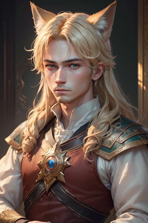 (alone:1.5),(masterpiece:1.5),(Highest quality:1.5),(bust:1.3),wonderful,Beautiful details,Highly detailed wallpaper,Highly detailed CG Unity 8k wallpaper,Very delicate and beautiful eyes、Blonde、One valiant man, Green Eyes,adult,Fox Ears,