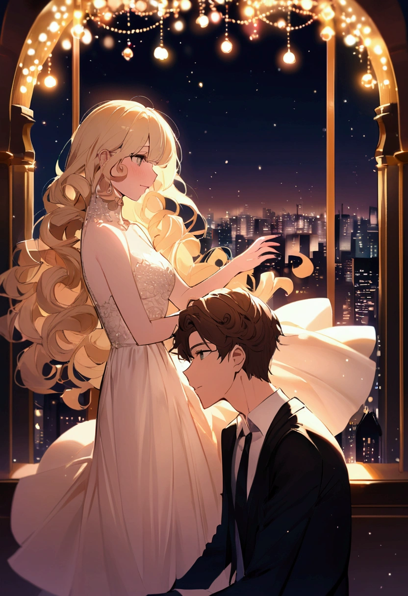 Couple in love, she is a brunette girl with curly hair and he is a white boy with blond hair falling over her face. In the background an illuminated city full of lights at night.