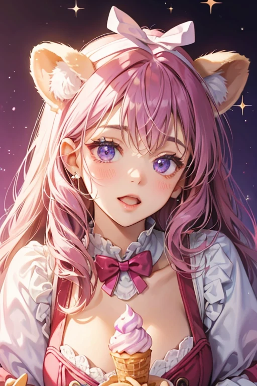 A violet ice cream girl bear with waffle ears and a strawberry chocolate kiss on her head with a white bow. she has a wide opened mouth. . SPARKLE; GLITTER