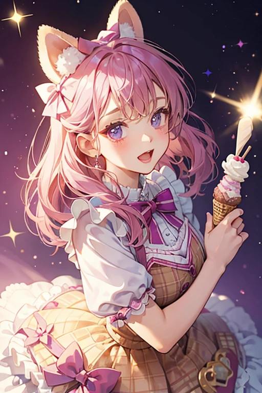 A violet ice cream girl bear with waffle ears and a strawberry chocolate kiss on her head with a white bow. she has a wide opened mouth. . SPARKLE; GLITTER