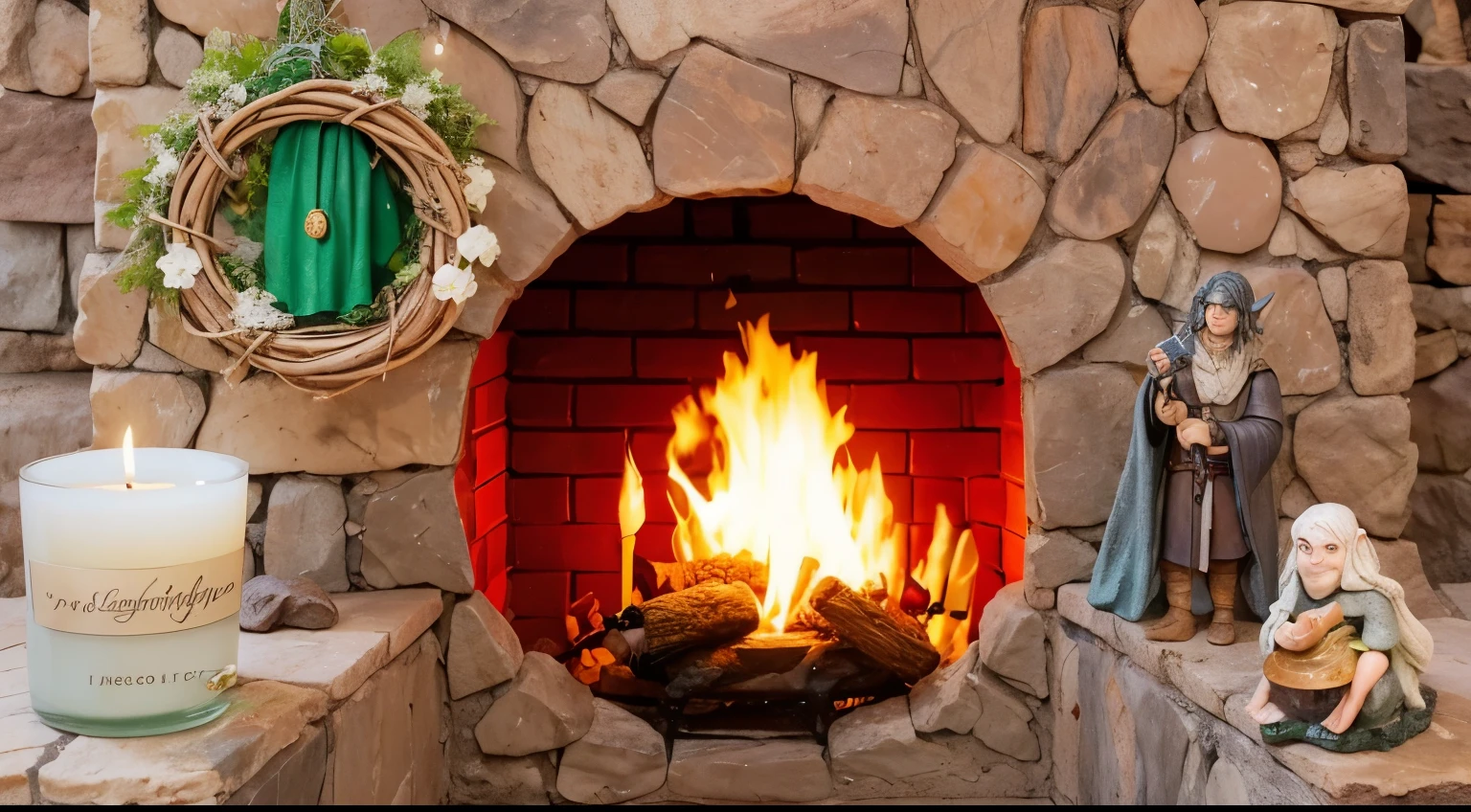 A cozy medieval stoned hobbit fireplace, a little statue of smeagle, a little statue of hobbit holding a sword, a hobbit LOR candle with ring, a cozy hobbit dor addornment, fantasy, magic, 8k quality