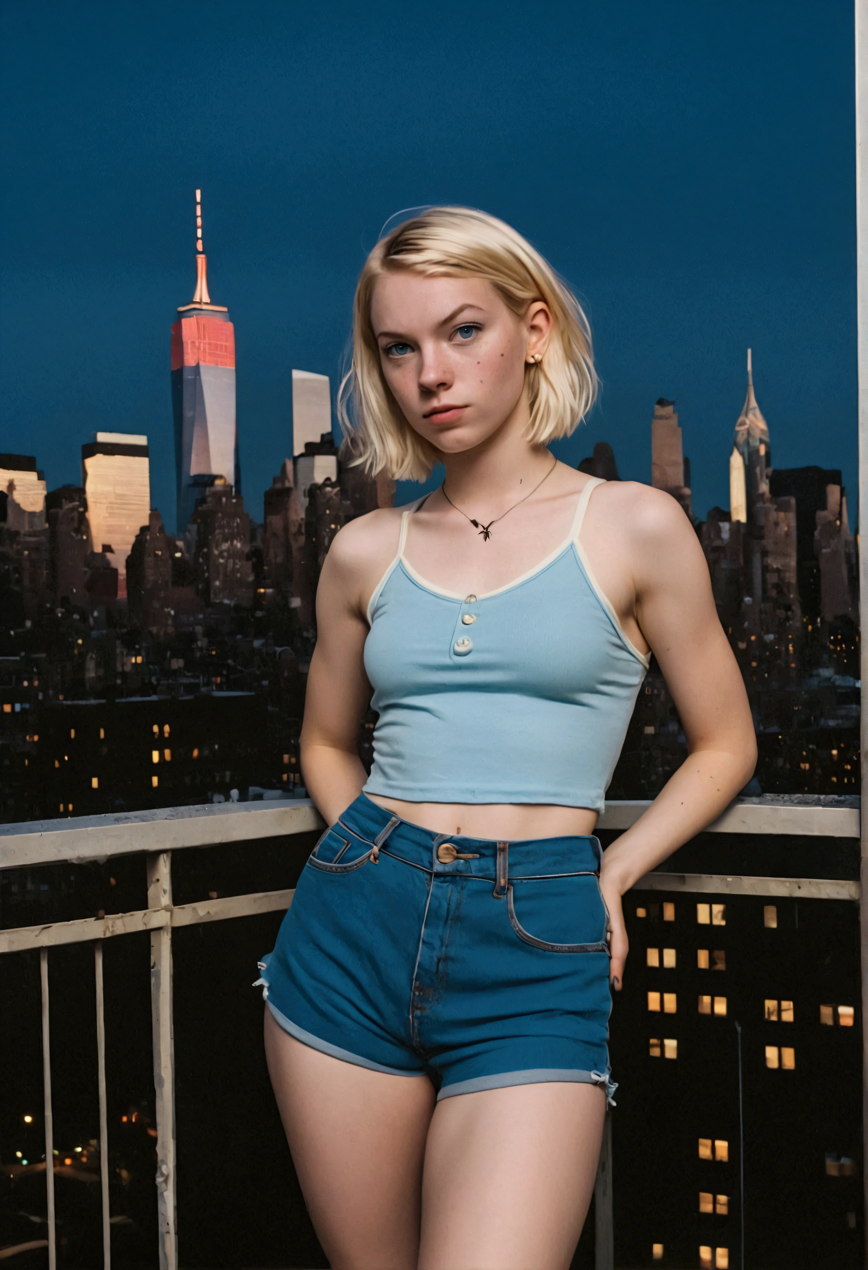 analog film photo, photo of a teen superheroine, female, punk-rock bob cut, freckled complexion, blue eyes, facial piercings, pretty, natural beauty, tall, full hourglass figure, athletic, long legs, thick thighs, big butt, wearing a cropped cami-top and cutoff shorts, resembles Gwen Stacy from Into the Spider-Verse, hovering over the Manhattan skyline, nighttime, RAW Photograph, dslr, soft lighting, high quality, film grain, Fujifilm XT3, detailed skin with visible pores, insane details, masterpiece, 8k, 35mm photograph, dslr, kodachrome, faded film, desaturated, grainy, vintage, Lomography, stained, highly detailed, found footage, action shot, motion blur

