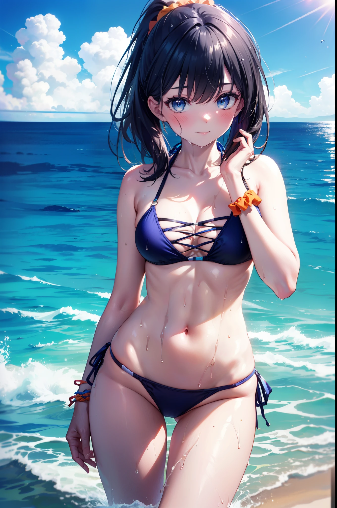 Rikka body, Affluent backstreets, Black Hair, blue eyes, Long Hair, orange Scrunchie, Scrunchie, wrist Scrunchie,smile,blush,ponytail,Red bikini string swimsuit,barefoot,Wet Hair,Wet swimsuit,Wet Hair,Water Play,Daytime,Clear skies,True Summer,True Summer,
break outdoors, Ocean,Beach,
break looking at viewer,whole body, (Cowboy Shot:1.5),
break (masterpiece:1.2), Highest quality, High resolution, unity 8k wallpaper, (shape:0.8), (Beautiful details:1.6), Highly detailed face, Perfect lighting, Extremely detailed CG, (Perfect hands, Perfect Anatomy),