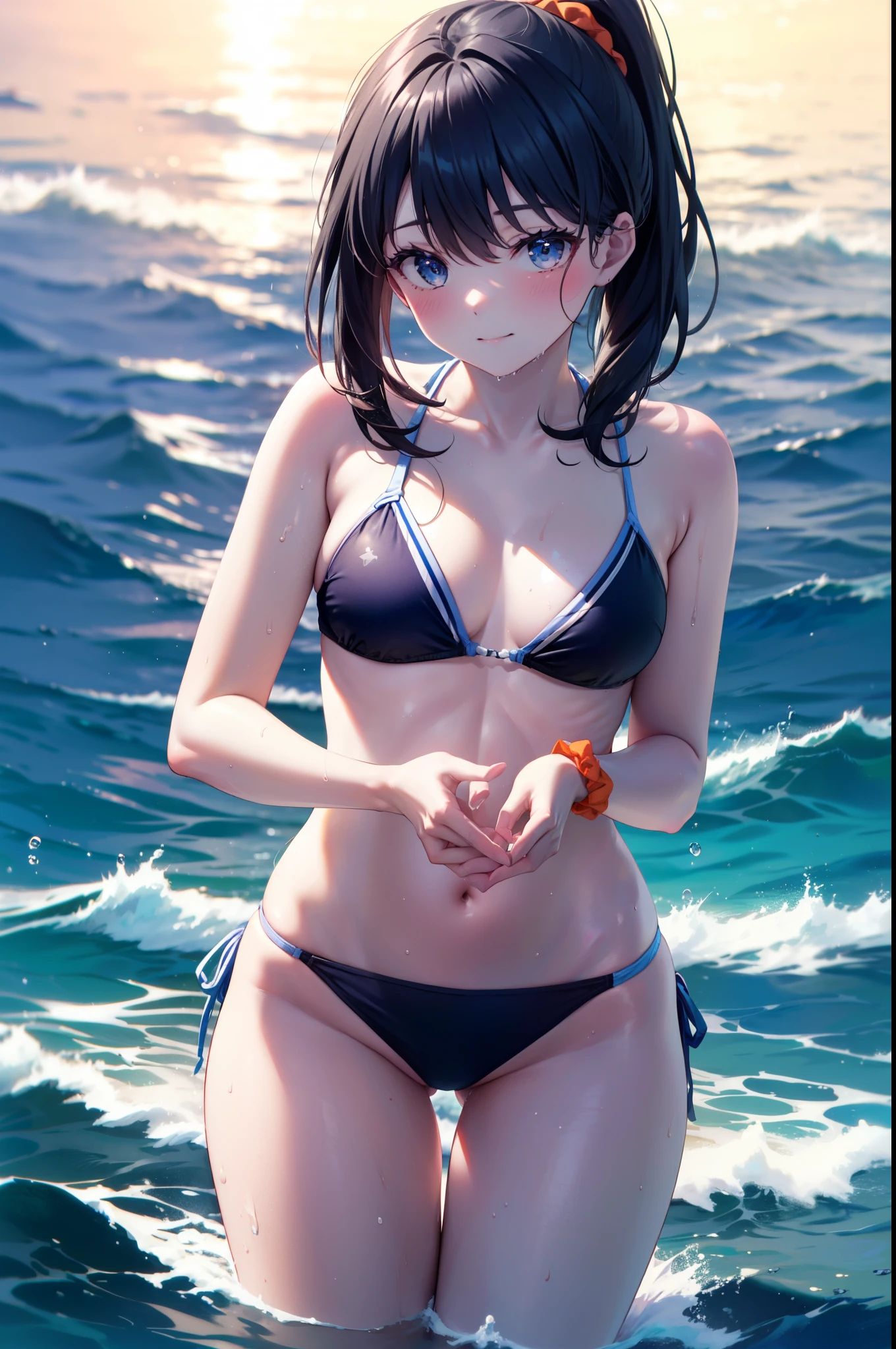 Rikka body, Affluent backstreets, Black Hair, blue eyes, Long Hair, orange Scrunchie, Scrunchie, wrist Scrunchie,smile,blush,ponytail,Red bikini string swimsuit,barefoot,Wet Hair,Wet swimsuit,Wet Hair,Water Play,Daytime,Clear skies,True Summer,True Summer,
break outdoors, Ocean,Beach,
break looking at viewer,whole body, (Cowboy Shot:1.5),
break (masterpiece:1.2), Highest quality, High resolution, unity 8k wallpaper, (shape:0.8), (Beautiful details:1.6), Highly detailed face, Perfect lighting, Extremely detailed CG, (Perfect hands, Perfect Anatomy),