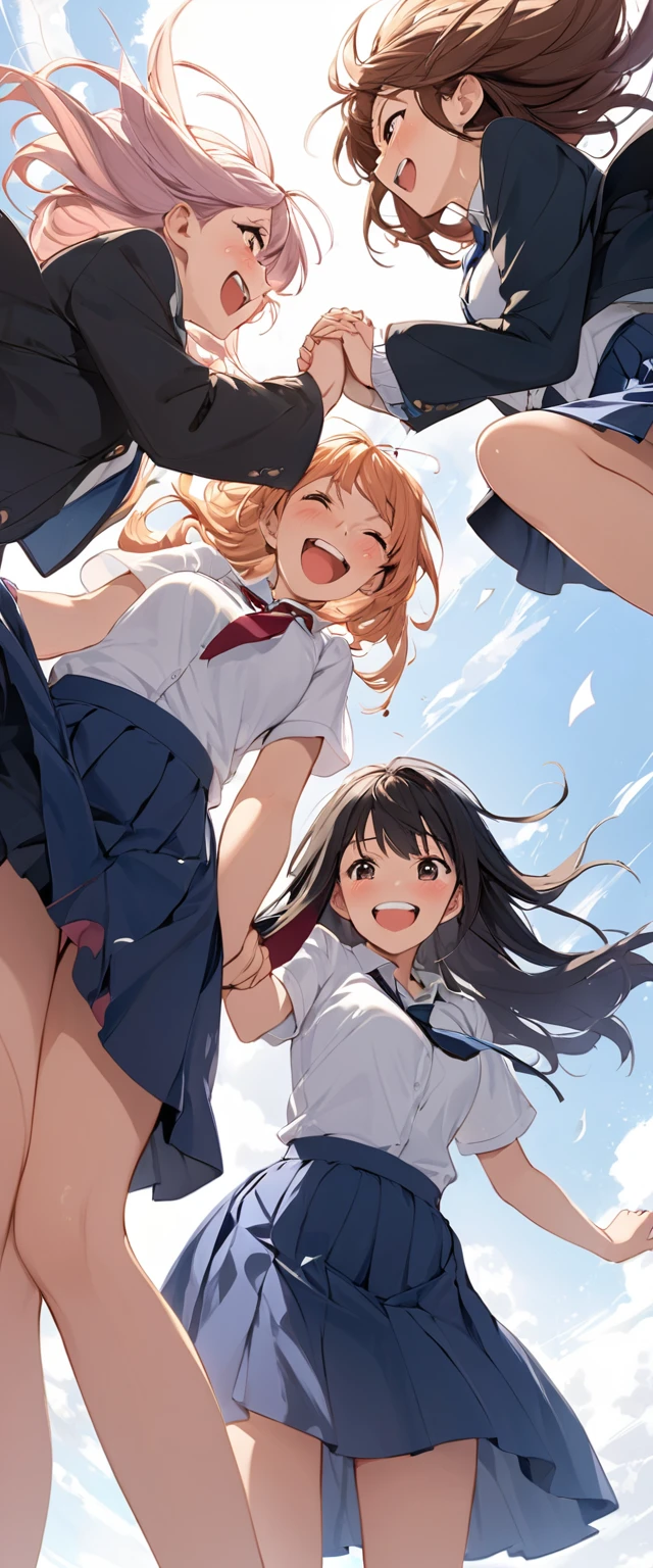 Holding hands like lovers、Two high school girls laughing mischievously。The mid-length skirt was blown up by the wind、Underwear is visible。Low angle shot