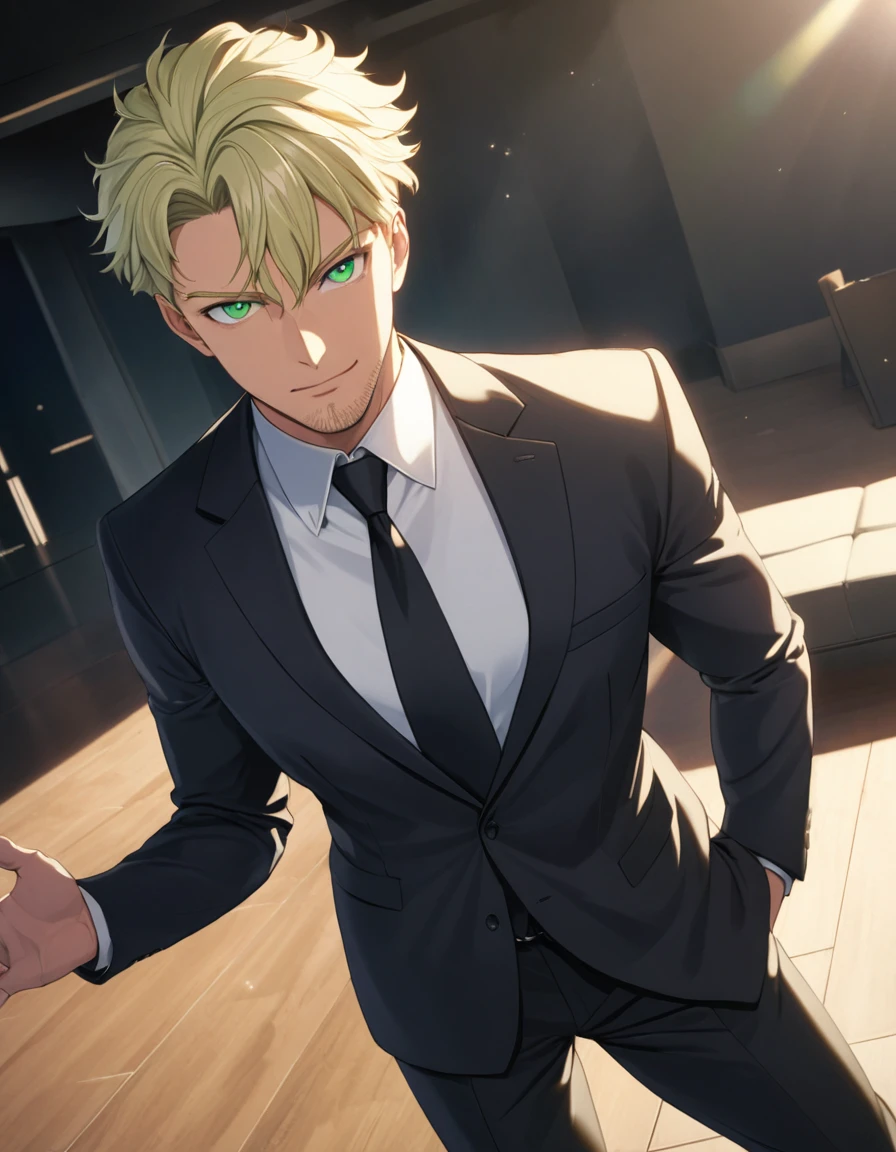 1man, veteran spy agent, handsome mature, business hair with asymmetrical bangs, narrow stubble, green platina blond hair, emerald eyes, 45yo, charming caucasian, ordinary uncle, pentagon shaped head, BREAK ideal ratio body proportions, middle weight muscular, beautiful detailed eyes, dark iris, BREAK solo, businessman in black suit, black necktie, white shirt, softly smile, BREAK upperlegs, dandy posing, dramatic expression, 2000s, visual novel, in newest eroge style, dutch angle, cinematic shadows, cinematic lighting, lens flare, light leaks, epic scene, extreme all detailed, masterpiece, best quality