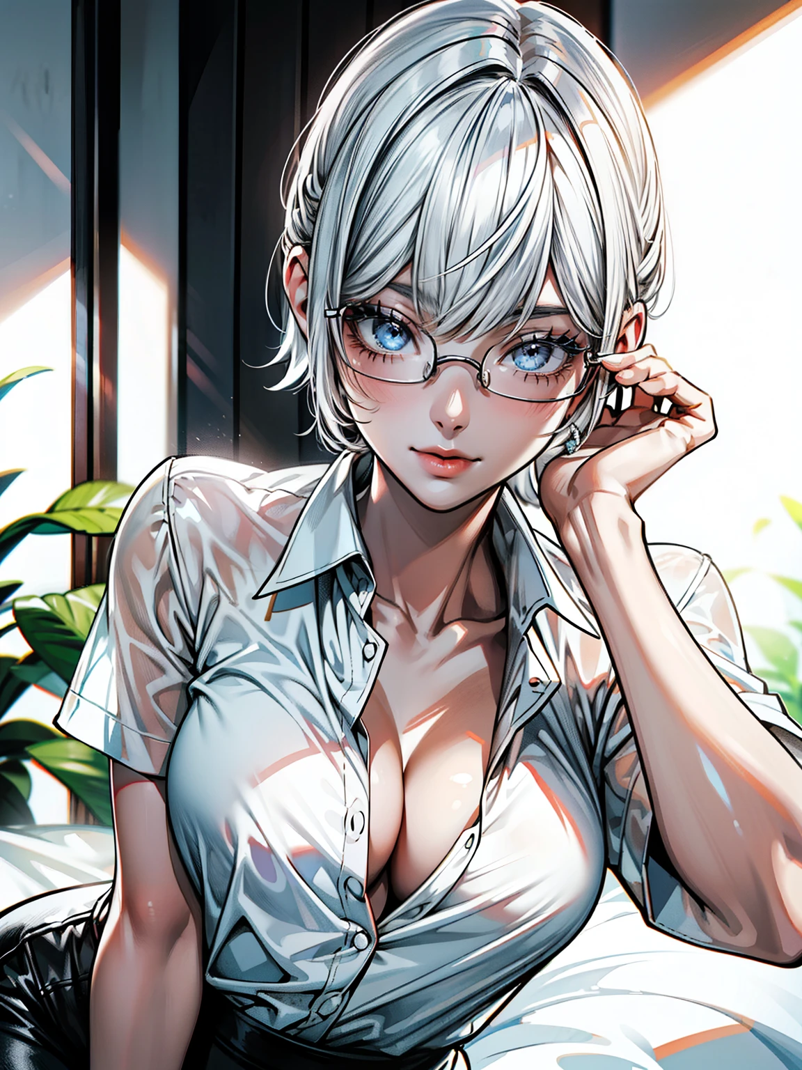 Sweet expression, Kneel down, Put your hands on, White glasses, White short hair, (8K, RAW photos, Reality:1.25) ,( Lip Gloss, eyelash, Shiny face, Smooth skin, best quality, Ultra-high resolution, Depth of Field, Chromatic Aberration, Caustics, Wide-angle light, Natural shadows, Korean Idol) Looking at the audience with calmness and goddess-like happiness, whole body, Large Breasts, White lingerie, black, Transparent shirt, White shirt, secretary