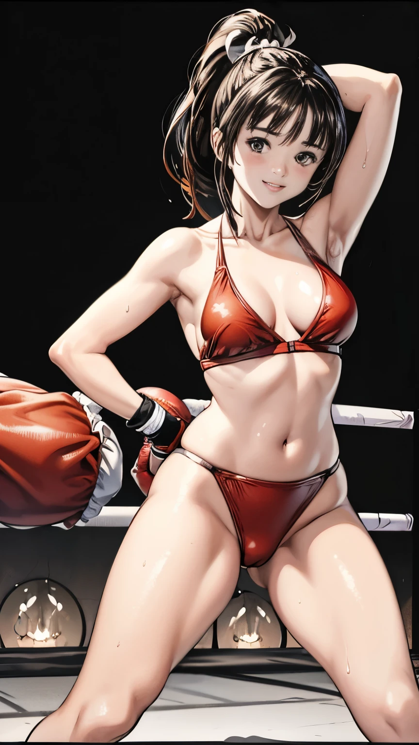  girl ,,  (Boxing Ring、Large crowd), blush、(smile)、Sweaty body、Wet Hair,  Underarm, Big Breasts, (High color saturation:1.0),  (Very detailed肌), (Highest quality:1.0), (Ultra-high resolution:1.0) ,(Realistic:1.0), (Very detailed:1.0), (8k, RAW Photos:1.1)、Small breasts、Spread your legs、、ponytail、Mai Shiranui、Mai Shiranuiのコスチューム