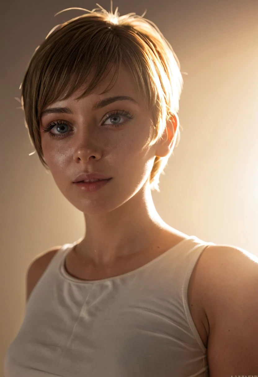 Photorealistic, Surreal, Cinema Lighting, 32K, 1 girl, Backlight, (Bright light:1.2), (Improvement of quality:1.4), Detailed eyes, Detailed face, short hair, cowgirl style