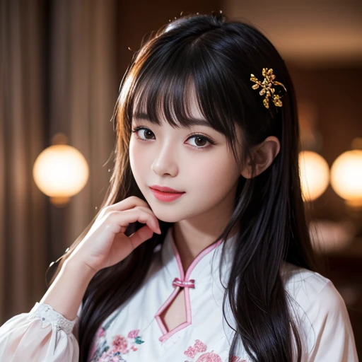 best quality, Delicate face,beautiful visual work, lifelike, eternity, black hair, Long curly hair, blunt bangs, Smile, Detailed Background, Delicate face,pink blush,cold,((masterpiece))、(top quality)、8k、high detail、Super detailed,21 years old female,Wearing Chinese cheongsam、Seductive and whimsical style、masterpiece、born、Scenes resembling fairy tale illustrations、intricate details和複雜的設計、Beautifully、magic、capricious、 Beautifully、Dream aesthetics、「𝓡𝓸𝓶𝓪𝓷𝓽𝓲𝓬、ethereal、charming、fickle、magic」、realism、Visual effects、FXAA、SSAO、Shader、voiceless、ambient lighting、Tone mapping、High resolution、Ultra high quality、Million pixels、(8K resolution:1.10)、8k、8k以下、8K resolution、high detail、intricate details, (high quality:1.2、masterpiece:1.2、:1.21)、(21 years old female:1.21)、(興奮地Smile)、(Surrounded by a dreamy atmosphere、Model diagram,full-body shot,Normal 2 feet,Don't show your hands,Japanese folding fan opens on the chest,Landscape photos