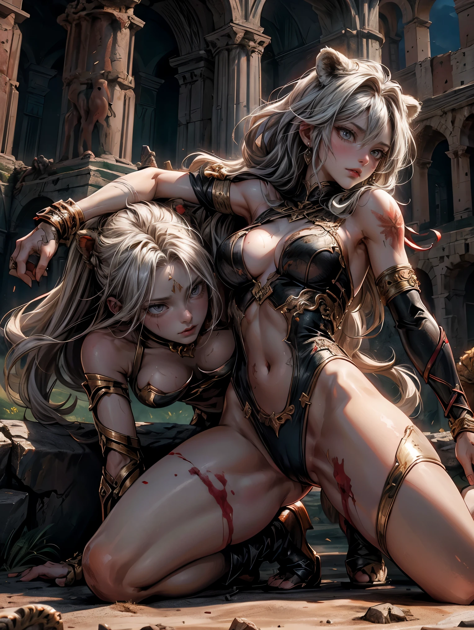 The Colosseum,A female gladiator is fighting a lion head-on,Female gladiator with scars,There is blood,Damaged clothes,Dagger in hand,There are many human corpses on the ground。Panorama,Long-range photography,Full body image