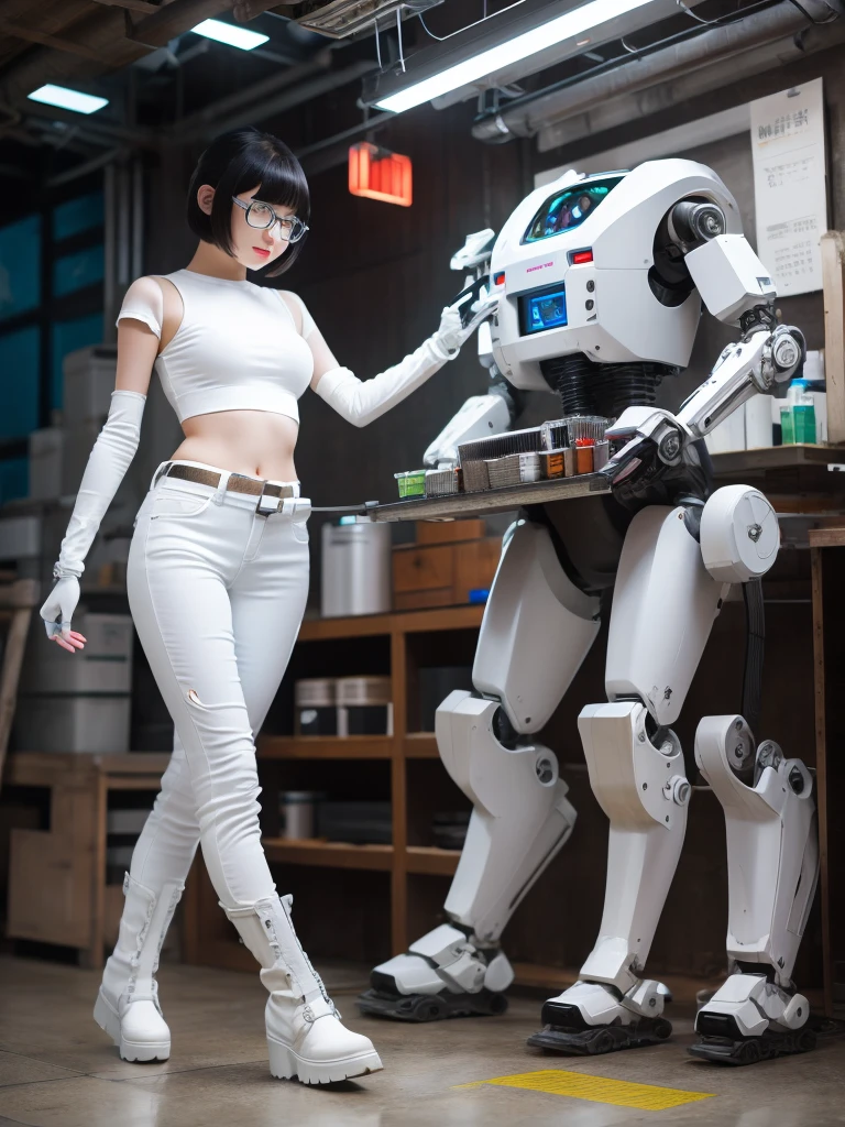 masterpiece, Highest quality, Very detailed, Japanese Android girl,Plump ,Control panel,robot arms,robot,Android,cyborg,white robot body,Blunt bangs,robot repair plant,skinny pants,boots,Glasses,