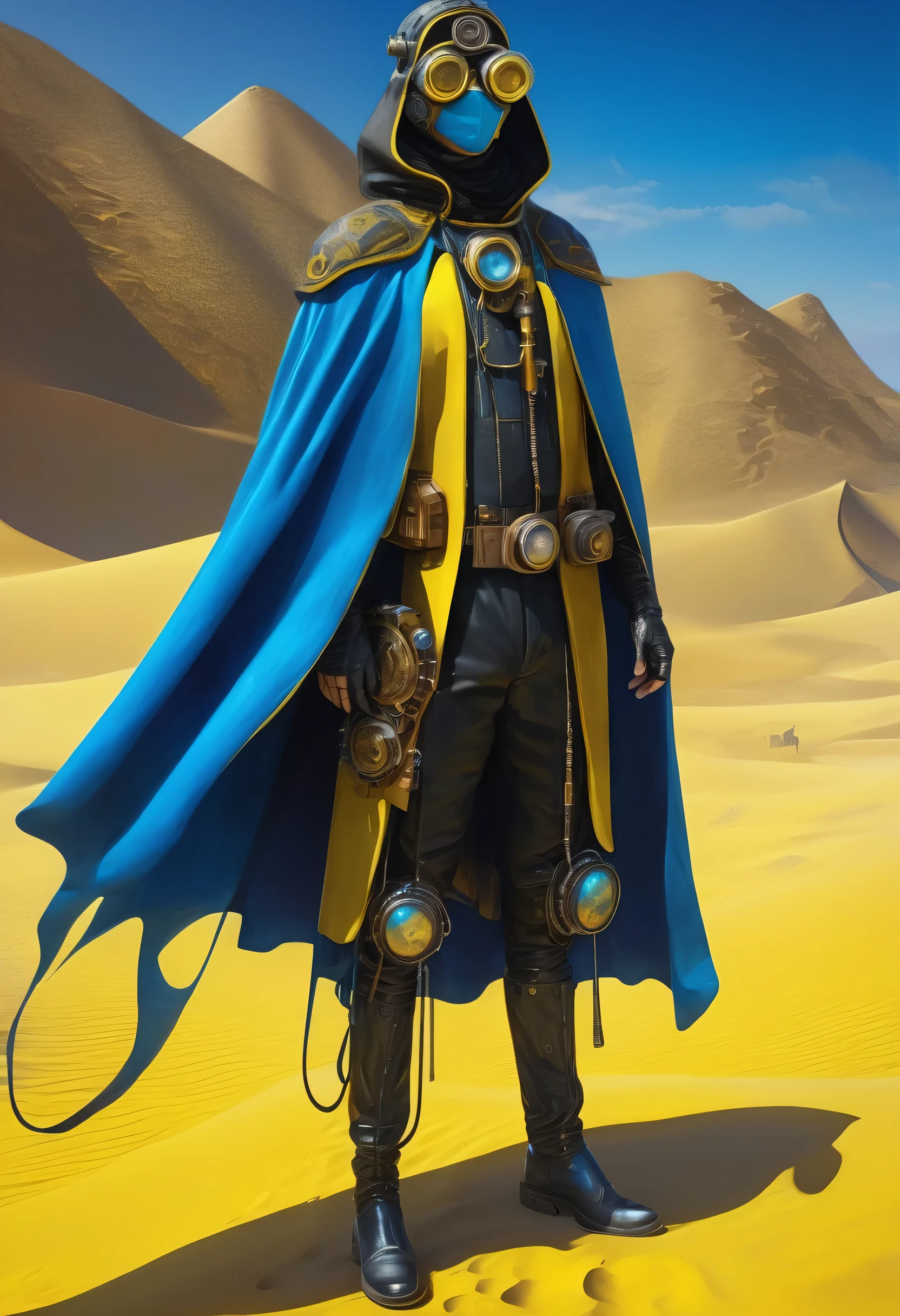 1 character, 1 man in black cape and steampunk vaporpunk costumes, art in blue and yellow only, mask, 4D high relief texture painting, 8k, 4D, futuristic vintage, ornate desert, full body view, photorealism, abstract impressionism