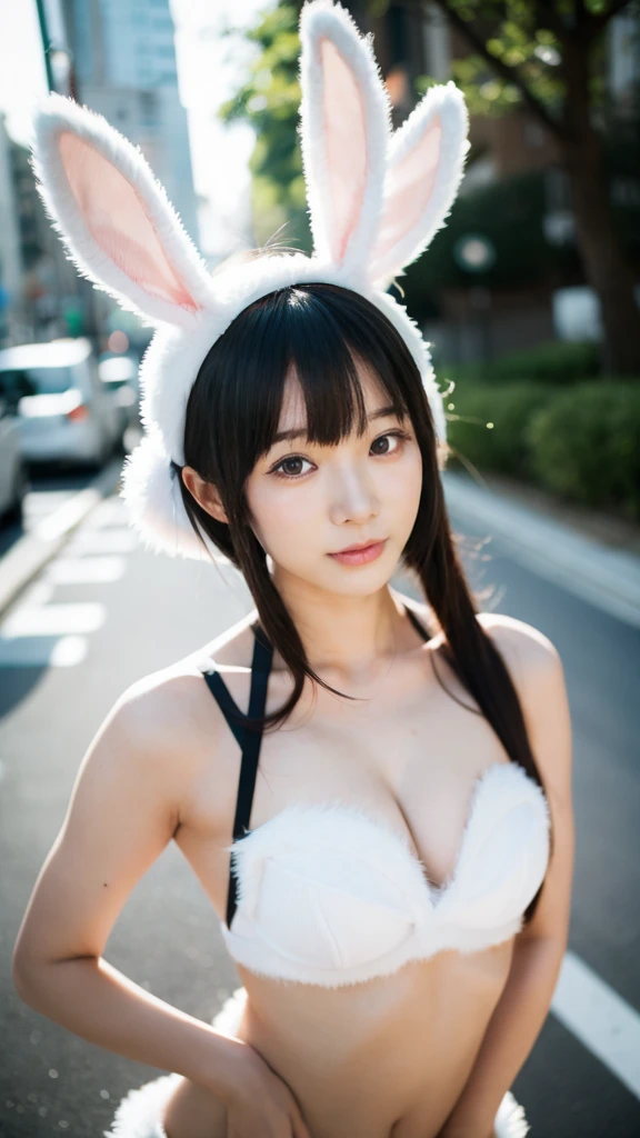 Bunny girl、A girl posing wearing rabbit ears, Wearing Atsuko Kudo&#39;s latex costume, Futuristic shiny latex suit, Wearing latex, Latex Gloss, Seductive hypnotist woman, Very sexy outfit, As a retro-future heroine, Elegant and attractive revealing cosplay, amouranth as a super villain, Slender young body, Exposed bunny girl、A big smile