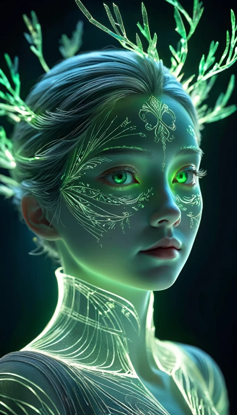 high resolution, Extremely detailed, (1 female:1.3),Pretty Face，Perfect face，Art，（Runes）
Rest in the sun, reverberation, Experimental photography, Surreal contrasts, Eye-Catching Visuals, Art抽象,大气打破切割Art, Layered contours, Complex Mode, exquisite craft, shadow play, Depth and size, Creative Expression,
打破Art, Frozen sculpture, translucent形式, short-lived beauty, Crystal structure, exquisite craft, Touch,
Broken Green Eye,Body Glow，glowing lines，Fluorescence,Glow Example，Sample tracking，flash，萤Light Particles，Backlight，translucent，Light Particles