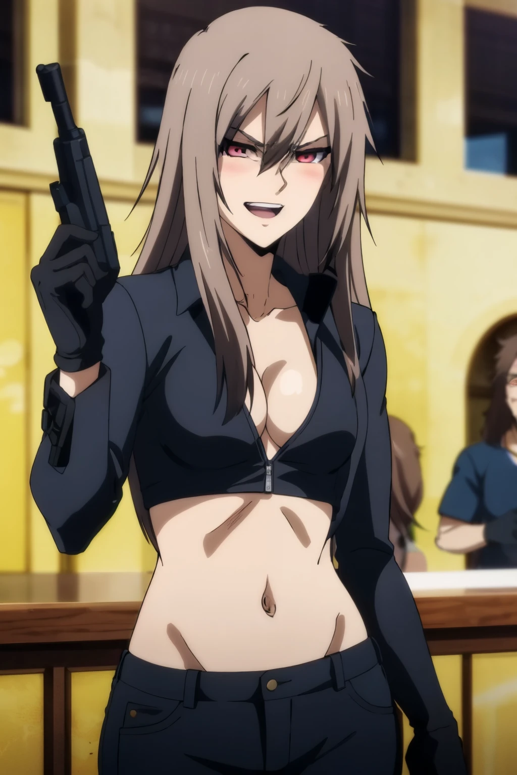 Chinatsu,1girl,long hair,blush, lipstick, evil smile,
Hot girl, baddie, staring, glaring, bad attitude, mean girl, dare, angry, hate, crazy, smoking, sensual, attractive, bar background, inside bar, indoor,, fur trim, mature female, gloves, fur-trimmed coat, jacket, masterpiece, best quality, highly detailed, a girls with a gun, evil smile , open mouth, sexy gaze, badass pose , evil smile, smile, (nsfw) not safe for work, guns blazing, anime girl with long hair, beautiful long haired girl, navel, evil expression, exposed belly, exposed navel, exposed midriff, exposed lower belly, long black pants, crop top, cleavage, unbuttoned leather pants ,open fly, low rise black leather pants, leather jacket, holding a gun, holding pistol