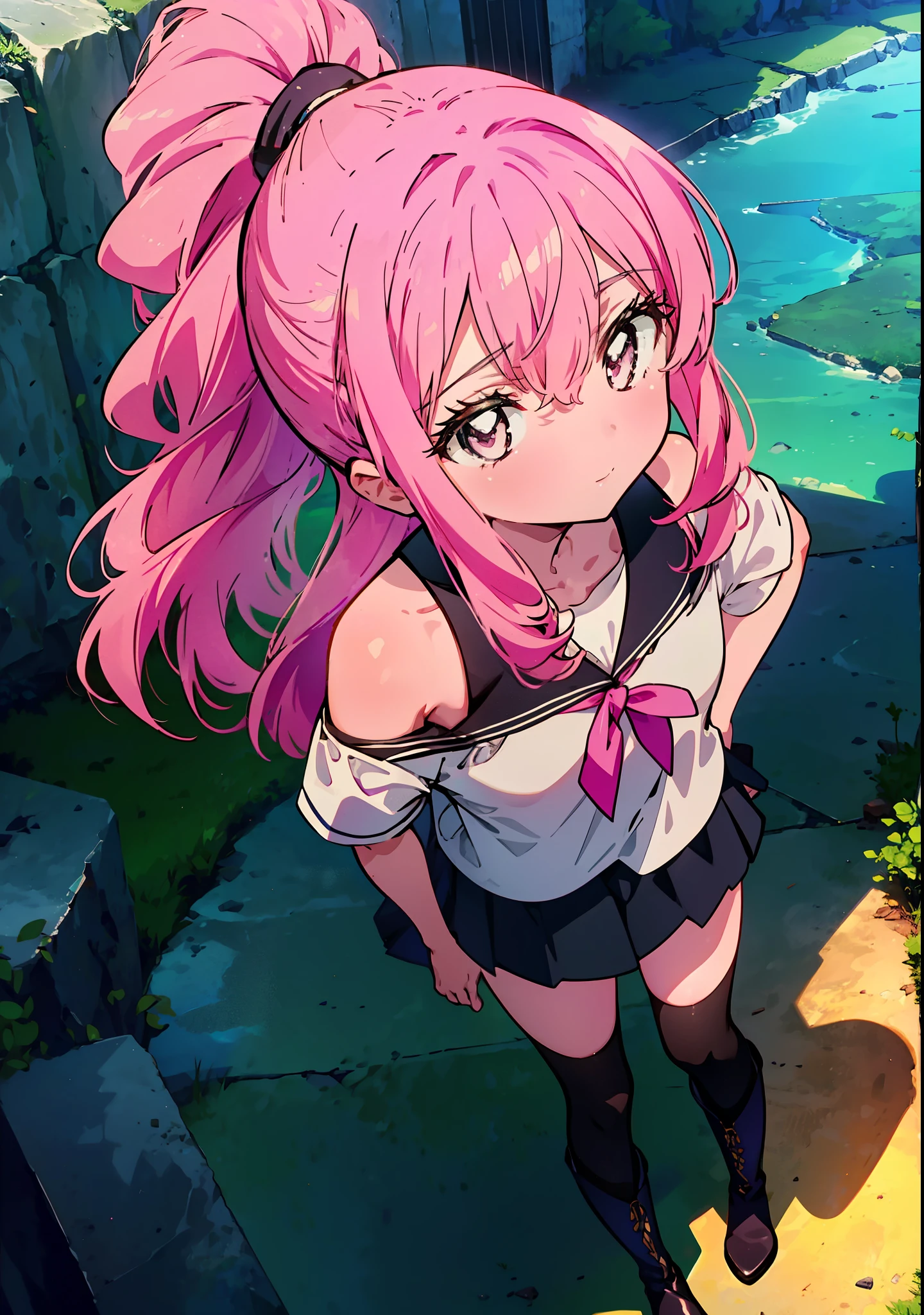 Louise Françoise Lebrun of La Vététière,Pink Hair,Pink Eyes,Long Hair,ponytail,One-shoulder shirt,Short sleeve,mini skirt,Black tights,short boots,Walking,Daytime,Clear skies,　　　　　　　　　　　　　　  　　　　　break looking at viewer, whole body,   　　　　　
break outdoors, In town,
break (masterpiece:1.2), Highest quality, High resolution, unity 8k wallpaper, (shape:0.8), (Beautiful attention to detail:1.6), Highly detailed face, Perfect lighting, Highly detailed CG, (Perfect hands, Perfect Anatomy),