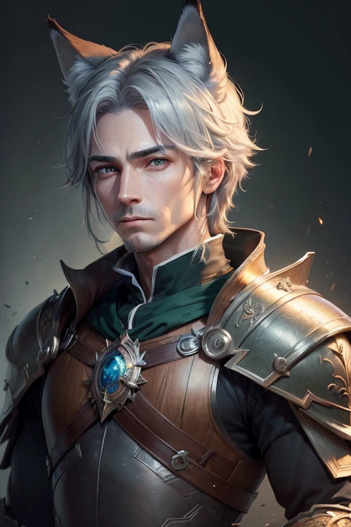 (alone:1.5),(masterpiece:1.5),(Highest quality:1.5),(bust:1.3),wonderful,Beautiful details,Highly detailed wallpaper,Highly detailed CG Unity 8k wallpaper,Very delicate and beautiful eyes、Gray Hair、One valiant man, Green Eyes,adult,Fox Ears,