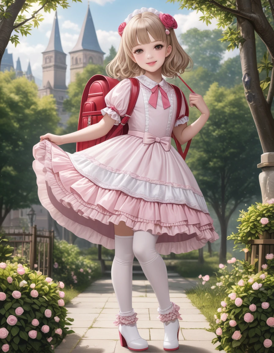 masterpiece, best quality, realistic, highly detailed, ultra high res, 1girl, solo, hazel eyes, hair ornament, short ash blonde hair, (side tail), light smile, glossy lips, puffy sleeves, party dress, Lolita dress, very puffy skirt, pink thigh highs, white heeled boots, full body, wearing high heel boots, wearing randoseru backpack, (backpack:1.2), outdoor 