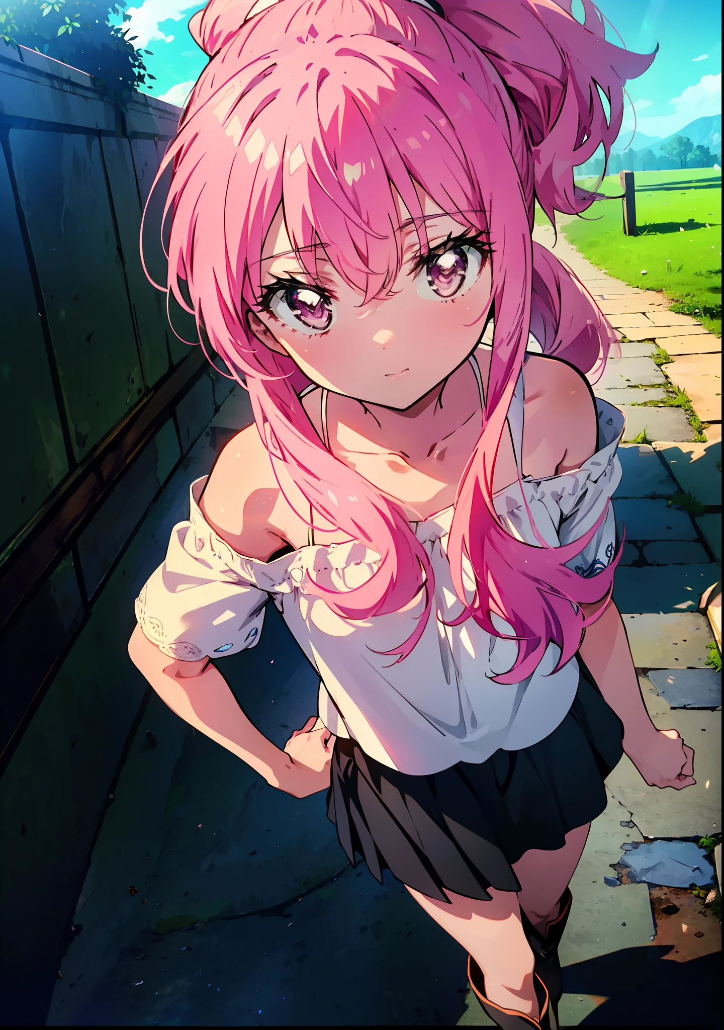 Louise Françoise Lebrun of La Vététière,Pink Hair,Pink Eyes,Long Hair,ponytail,One-shoulder shirt,Short sleeve,mini skirt,Black tights,short boots,Walking,Daytime,Clear skies,　　　　　　　　　　　　　　  　　　　　break looking at viewer, whole body,   　　　　　
break outdoors, In town,
break (masterpiece:1.2), Highest quality, High resolution, unity 8k wallpaper, (shape:0.8), (Beautiful attention to detail:1.6), Highly detailed face, Perfect lighting, Highly detailed CG, (Perfect hands, Perfect Anatomy),