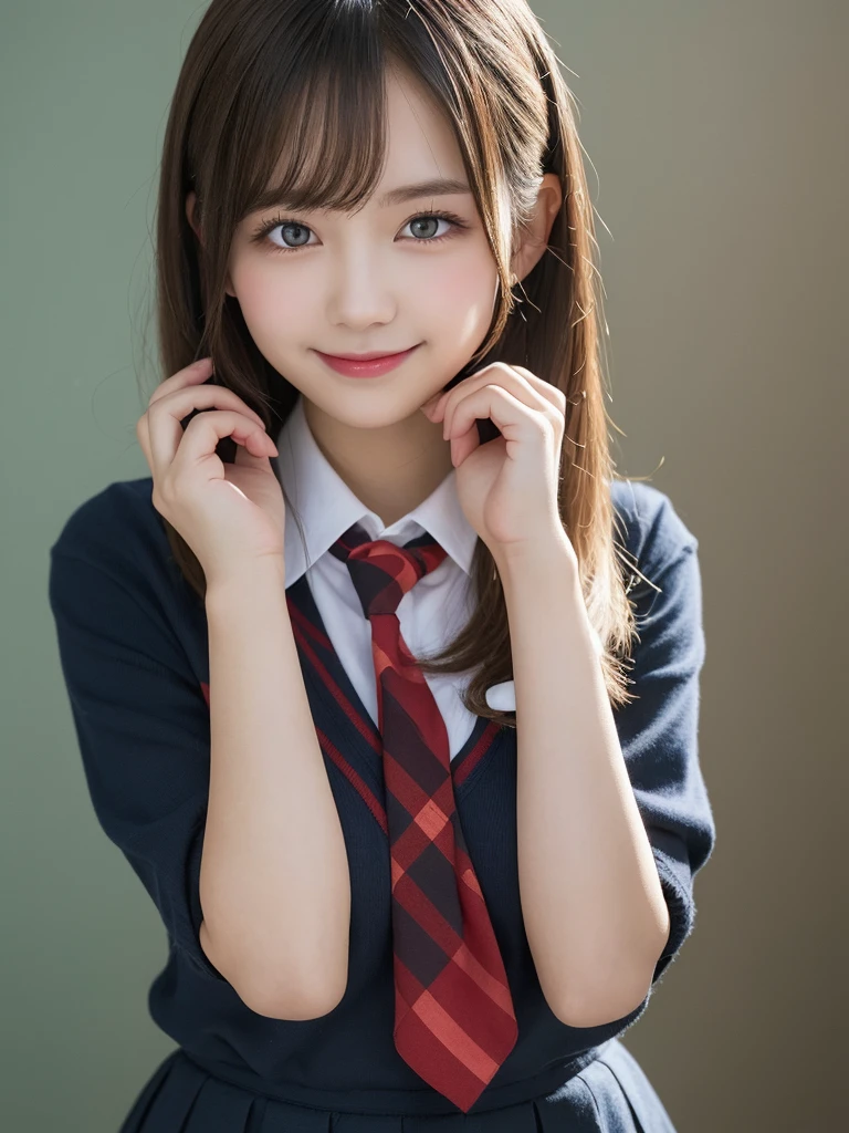 masterpiece, best quality, illustration, ultra-detailed, finely detailed, high resolution, 8K wallpaper, perfect dynamic composition, beautiful detailed eyes, school uniform, medium hair, small breasts, studious pose, smile, looking at camera