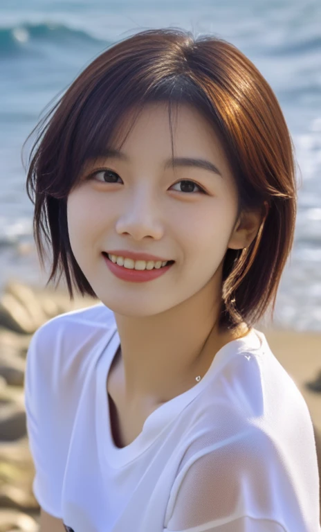 (a gorgeous korean lady, age 20s, wearing a wet oversized white high-neck t-shirt, pleated skirt, posing naturally at a windy beach, (beach by the sea:1.2),
Joyful expression, kind smile, dimpled cheeks, short ponytail, short bob hair, cute snaggleteeth, ample round bosom, perfect body anatomy, photorealistic, beautiful detailed eyes, hyper-realism, high contrast, ultra HD, realistic skin textures, top image quality, top-quality, super high resolution, fine details, serene ambience, very meticulously, high angle shot, medium shot, cowboy shot, sun rays, lens flare, SFW)