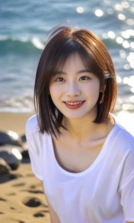(a gorgeous korean lady, age 20s, wearing a wet oversized white high-neck t-shirt, pleated skirt, posing naturally at a windy beach, (beach by the sea:1.2),
Joyful expression, kind smile, dimpled cheeks, short ponytail, short bob hair, cute snaggleteeth, ample round bosom, perfect body anatomy, photorealistic, beautiful detailed eyes, hyper-realism, high contrast, ultra HD, realistic skin textures, top image quality, top-quality, super high resolution, fine details, serene ambience, very meticulously, high angle shot, medium shot, cowboy shot, sun rays, lens flare, SFW)