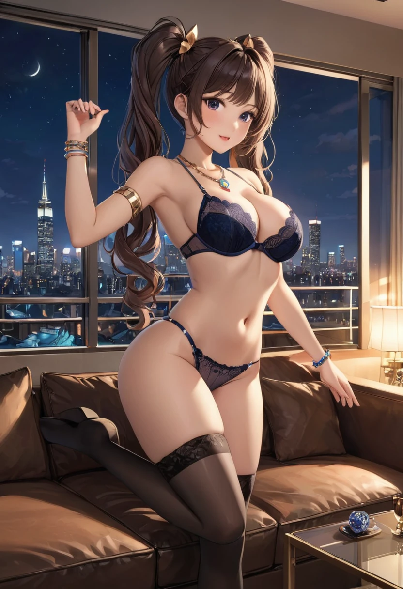 (Best lighting, Best Shadow, masterpiece, Highest quality), 1 girl, Upper Body Shot, Perfect body, Large Breasts, Wavy hair with twin tails, hair band, bracelet, necklace, Luxury lingerie with exquisite details, Knee socks, Raise the hand, Contrasting, (Luxury penthouse living room, City skyline, Late at night), Focus on women, Art Station Trends, 8k resolution, Very detailed, Anatomically correct, Clear images, Digital Painting, Concept Art, Trending on pixiv