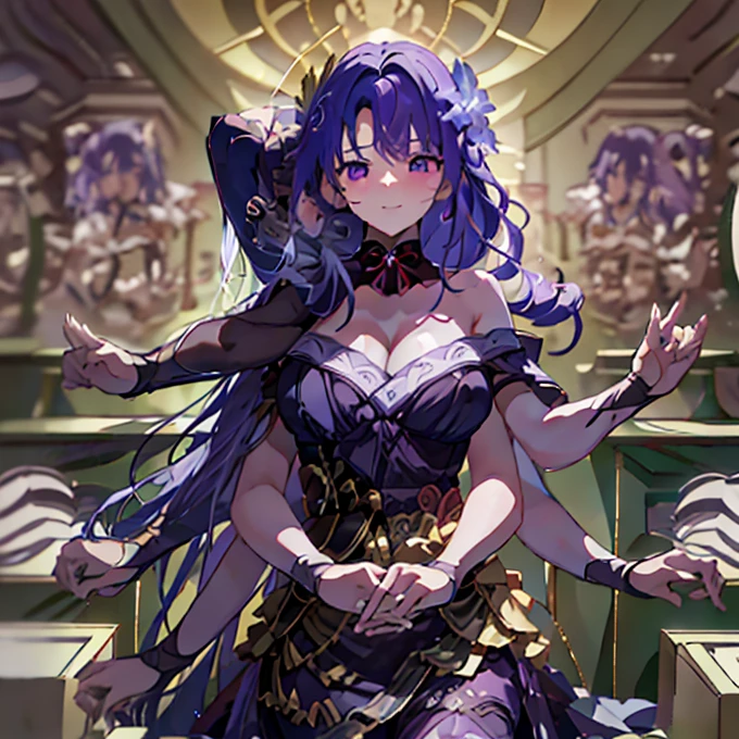 [[[[[[[[Kazu, is 109]]]]]]]], (Masterpiece, best quality), best resolution, (3 heads:1.5), 1 girl, Raiden Shogun Character, purple hair, purple eyes, long_hair, purple_hair, smooth, purple_eyes, chest, hair_decorations, big_chest, \braid, rift, hair_flower, Blush, a lot_long_hair,  Masterpiece, illustration, beautiful, 4K, 8ก,DSLR Photos, (8ก, 4K, Masterpiece),(Masterpiece, best quality), best resolution, (3 heads:1.5),Arms separated,arm circle, (Put your hands on your head...), (lower hand on ankle), (lower hand on leg), Full content in the frame, full body view, (four arms),(Multi-arm),(many hands), รูปร่างเพรียวบาง Masterpiece,best quality,best resolution,1 woman,many heads, upper body, smile,  Facing the audience,chestbig,พื้นหลังที่smoothง่าย,หน้าbeautiful,hairbeautiful,eyesbeautiful,ร่างกายที่beautifulงาม,มือbeautiful,conjoined twins