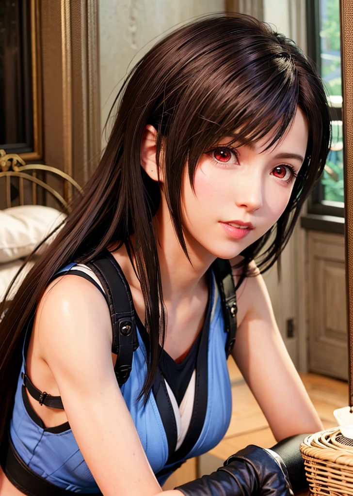 (,Make your face bright red,20-year-old,Long, narrow eyes)(Realistically: 1.4), solo, Highest quality, Very elegant and beautiful, khd, One girl, ff tifa_Lockhart, smile, Cowboy Lens, Harness, Low waist, (Maid clothes,Long black stockings), Brunette color hair, Make your face bright red,Sweat,Long white hair, Wear gloves on your elbows, Beautiful and detailed red eyes, Face Light, Cinema Lighting, belly button, (: 1.0), Old Bar, The background is blurred, Fluttering Hair, Adult Beauty,Lie down in bed,Eating fingers,At the hotel