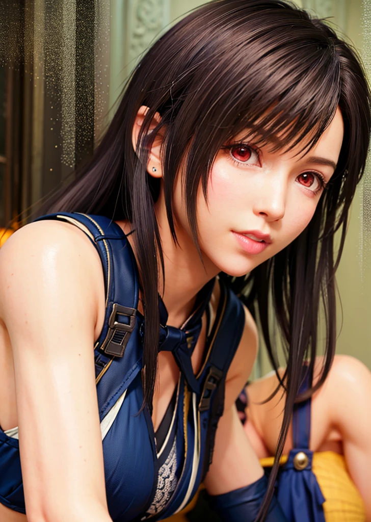（，Make your face bright red，20-year-old，Long, narrow eyes）（Realistically： 1.4）， solo， Highest quality， Very elegant and beautiful， khd， One girl， ff tifa_Lockhart， smile， Cowboy Lens， Harness， Low waist， （Maid clothes，Long black stockings）， Brunette color hair， Make your face bright red，Sweat，Long white hair， Wear gloves on your elbows， Beautiful and detailed red eyes， Face Light， Cinema Lighting， belly button， （： 1.0）， Old Bar， The background is blurred， Fluttering Hair， Adult Beauty，Lie down in bed，Eating fingers，At the hotel