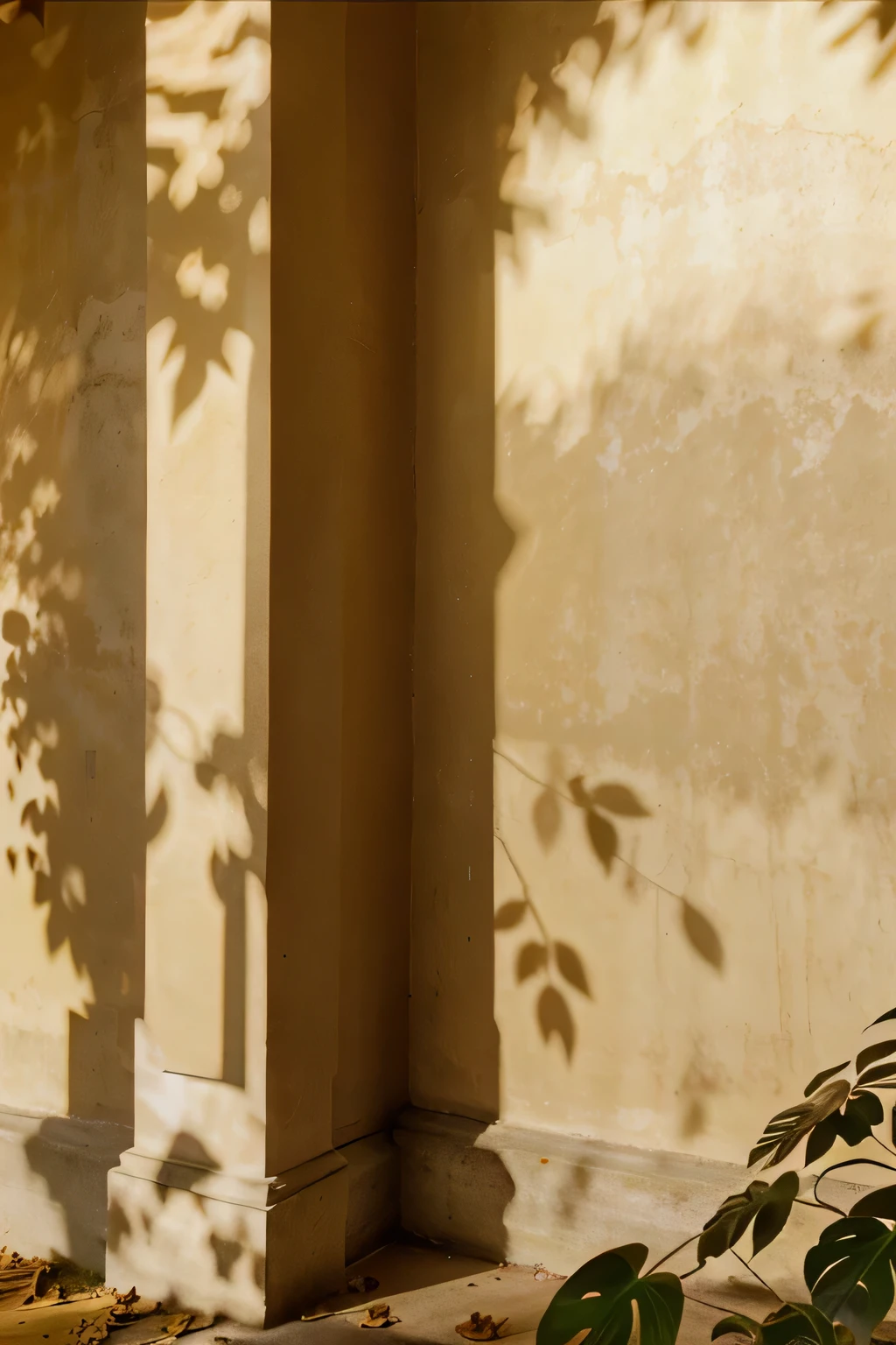 The light and shadow of leaves under the golden wall
