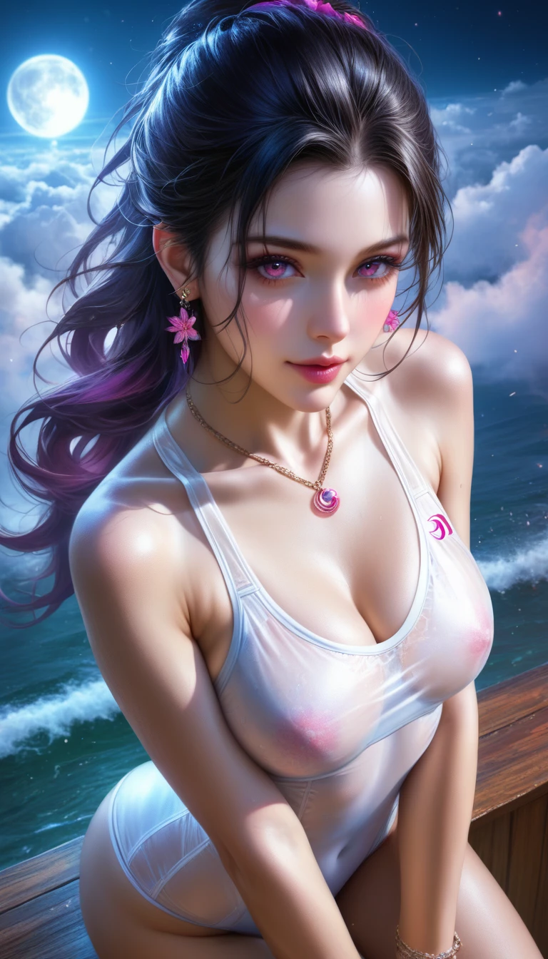 score_9, score_8_superior, score_7_superior, A masterpiece in 32K resolution,Highest quality,it is really amazing,Very detailed,Ultra-high resolution,(Ultra-realistic:1.5),(Realistic:1.5),Increased depth of field,Cinematic lighting,
(Sexy adult Japan woman:1.1),
Long black hair,Ultra-detailed and beautiful face,(Gentle expression:1.1),Translucent white skin,(Realistic skin texture:1.1),
(Sexy Swimwear:1.1),
Bold design,Artistic design,Beautiful and detailed pattern,Detailed fabric texture,
Gorgeous necklace,Earrings,
Coastline at night,(Giant Moon:1.1),(Dark clouds floating in the dark night sky:1.1),
High angle,
