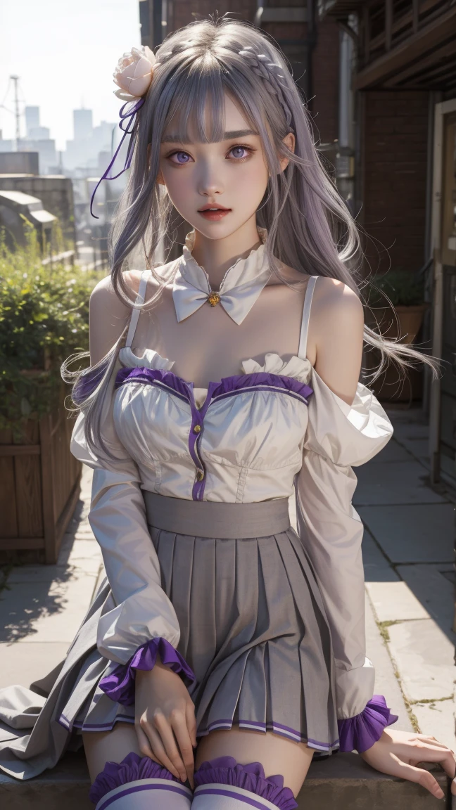 rezeroEmilia, Emilia, Braiding, crown Braiding, flower, hair flower, hair ornaments, hair ribbon, Long Hair, Pointed Ears, (Purple eyes:1.2), Gray Hair, x hair ornaments,
break detached collar, Removable sleeves, Frills袖, Frills, Long sleeve, miniskirt, pleated skirt, ribbon, skirt, Knee socks, white skirt, White sleeves, white Knee socks, Wide sleeves, zettai ryouiki,
break outdoors, city,
break looking at viewer, break (masterpiece:1.2), Highest quality, High resolution, unity 8k wallpaper, (figure:0.8), (Beautiful attention to detail:1.6), Highly detailed face, Perfect lighting, Highly detailed CG, (Perfect hands, Perfect Anatomy),