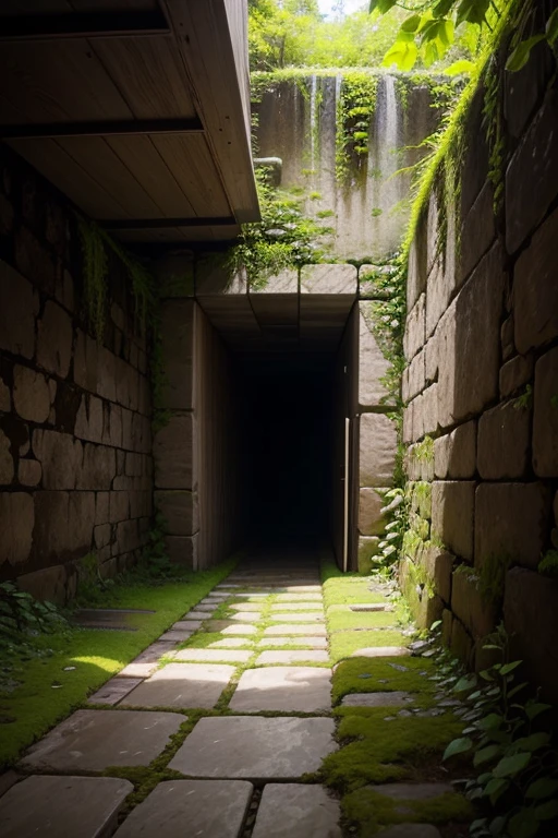 Block wall　mossむしたBlock wall　Underground space　Underground hole　moss