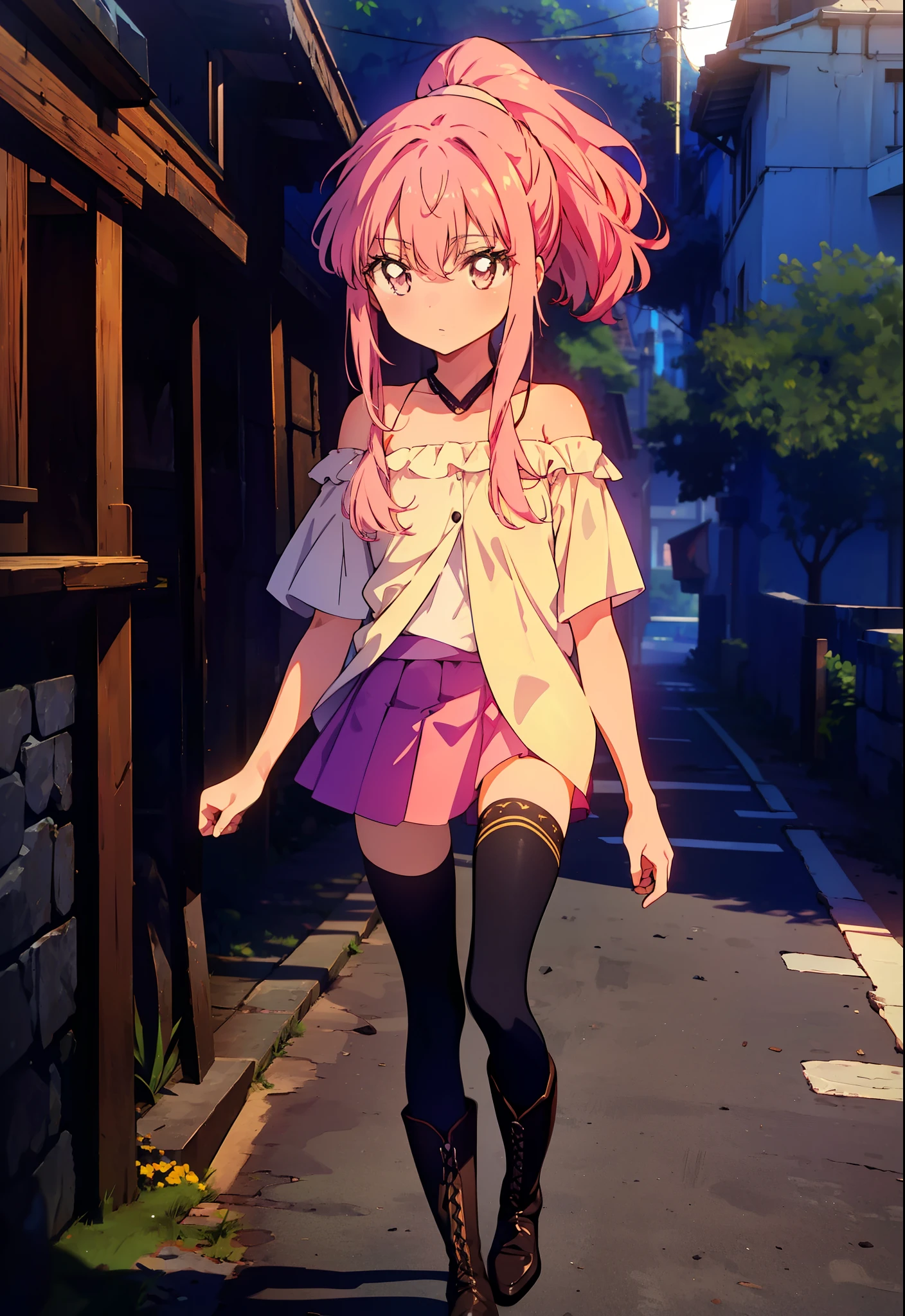 Louise Françoise Lebrun of La Vététière,Pink Hair,Pink Eyes,Long Hair,ponytail,One-shoulder shirt,Short sleeve,mini skirt,Black tights,short boots,Walking,Daytime,Clear skies,　　　　　　　　　　　　　　  　　　　　break looking at viewer, whole body,   　　　　　
break outdoors, In town,
break (masterpiece:1.2), Highest quality, High resolution, unity 8k wallpaper, (shape:0.8), (Beautiful attention to detail:1.6), Highly detailed face, Perfect lighting, Highly detailed CG, (Perfect hands, Perfect Anatomy),