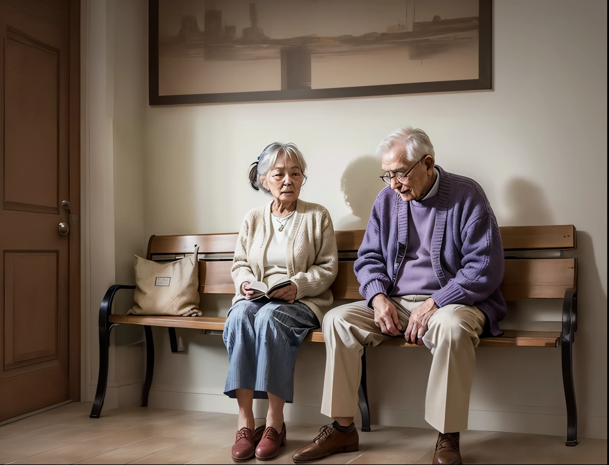 in a room with beige walls and tiled flooring, there is a wooden bench with a couple elderly people sitting (old man and old woman), hands on the bible that is on their legs, a man and a woman. The elderly man is wearing a patterned sweater and blue pants, while the elderly woman is dressed in a purple cardigan and gray long skirt. Both have gray hair and eyes closed, praying happy.