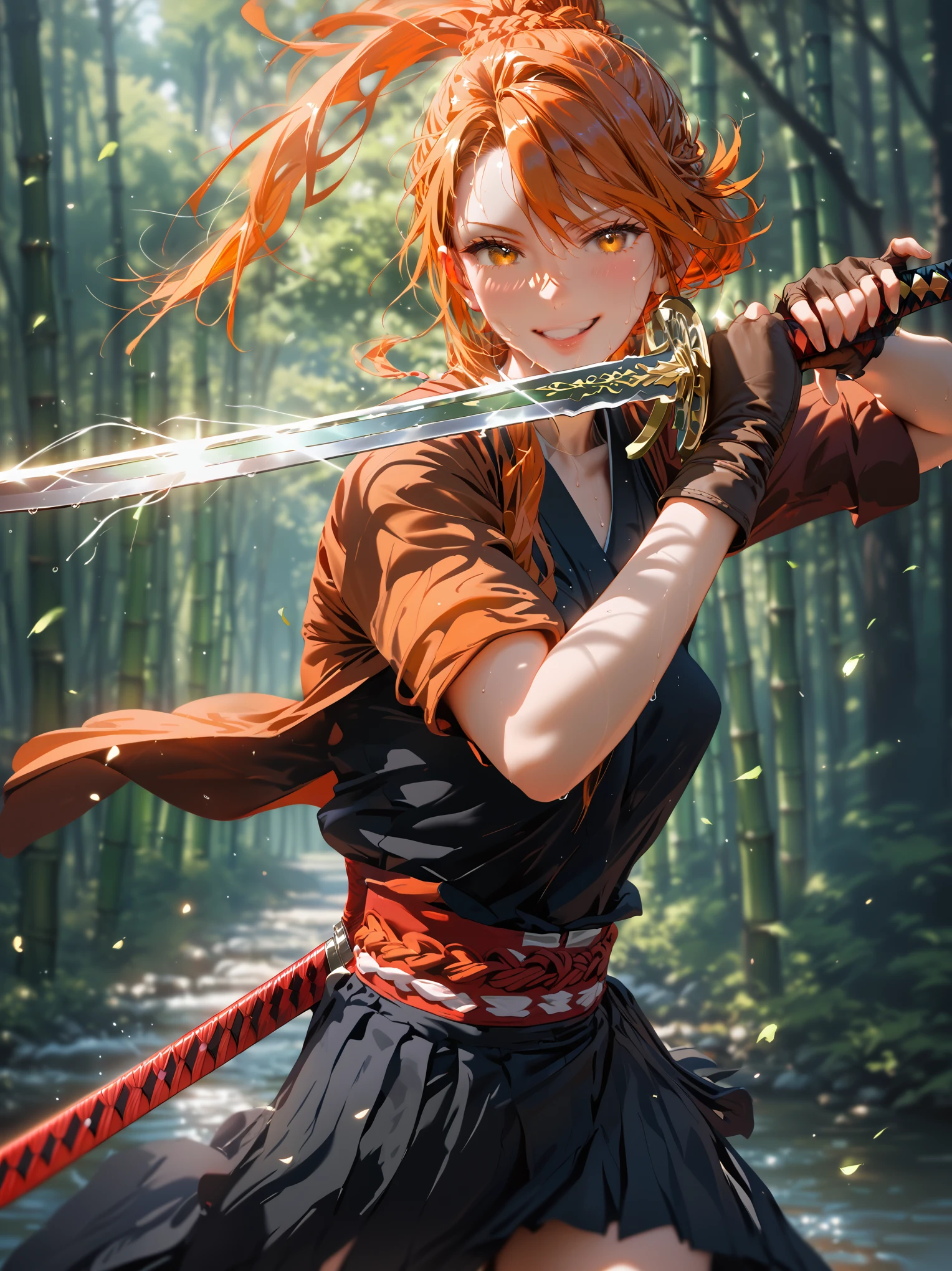 score_9, score_8_up, score_7_up, score_6_up, uncensored, asuna yuuki, orange hair, fold, braid, long hair, orange eyes, naughty face, shiny skin, sweating, BREAK glow effects, godrays, Hand drawn, render, 8k, octane render, cinema 4d, blender, dark, atmospheric 4k ultra detailed, cinematic, Sharp focus, big depth of field, Masterpiece, colors, 4k, concept art, trending on artstation, Vivid colors, extremely detailed CG unity 8k wallpaper, trending on CGSociety, Intricate, High Detail, dramatic BREAK, 1girl, sword, solo, forest, gloves, nature, holding, bamboo_forest, japanese_clothes, sheath, holding sword, 