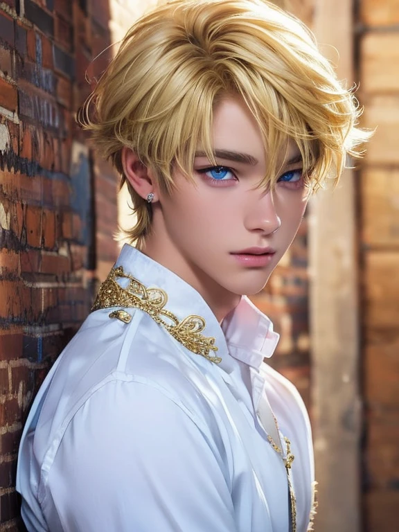 The magical look of a boy with wavy blond hair, Rainbow eyes , sparkling eyes ! just sparkles from the eyes - such a piercing look !! dark skin, Cute boy, boy with a beautiful face, Realistic anime style, the boy looks like a KPOP idol . Mysterious magic surrounds him !