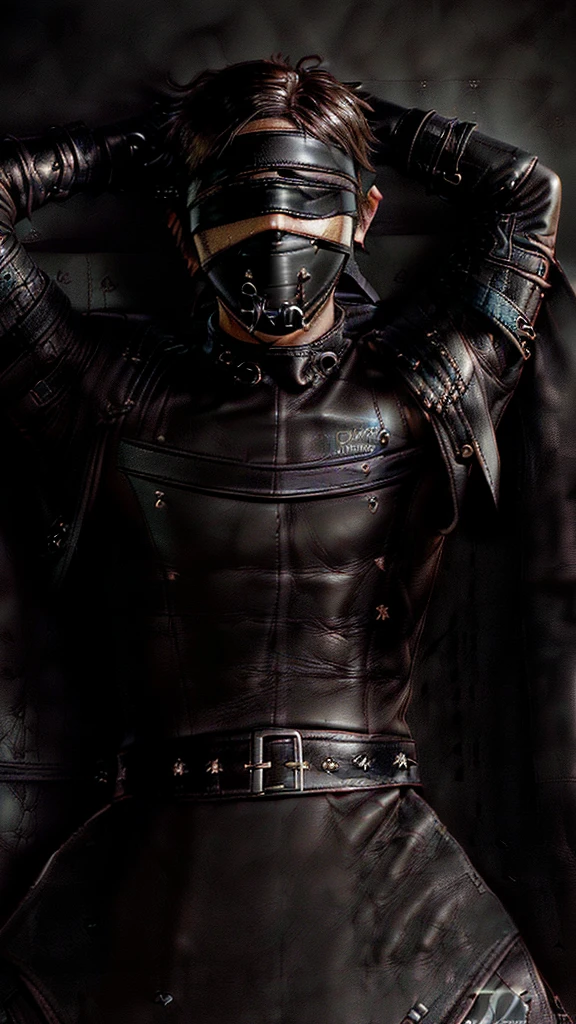 ((Final Fantasy taste reality graphics)), ((young, cute and cool ikemen boy)),(((1 boy))),,his age is early 20s, thin eyebrows and beady eyes, (((((boy in a black leather sleeping bag))))),(((((sleeping bag is very tight-fitting))))), (((((boy put on black leather and human muzzle mask,all covered from under the nose-to-chin))))),(((((also put on leather blindfold, ))))), (((((mask and blindfold Fixed to the face, with multiple leather belts)))))