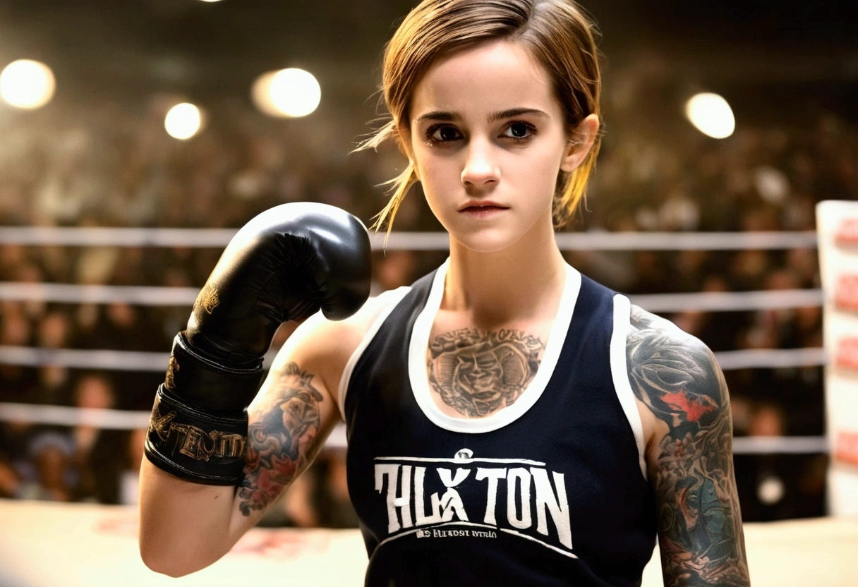 Emma Watson, age 14, , cute Olympic boxing outfit, in a boxing stance. She is in the boxing ring facing Mike Tyson (age 30, in his muscular prime, scary tattoos, fighting stance)