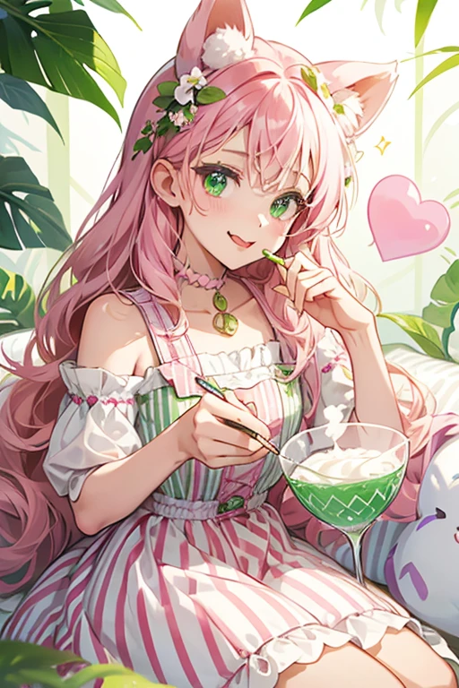 A mauve diagonal striped girl with a white wavy rim. sHe is winking her left eye and sticking out her tongue. White cream sticks out of her cup with pink and green swirls through it. sHe is decorated with cream bear ears and green leaves SPARKLE; GLITTER