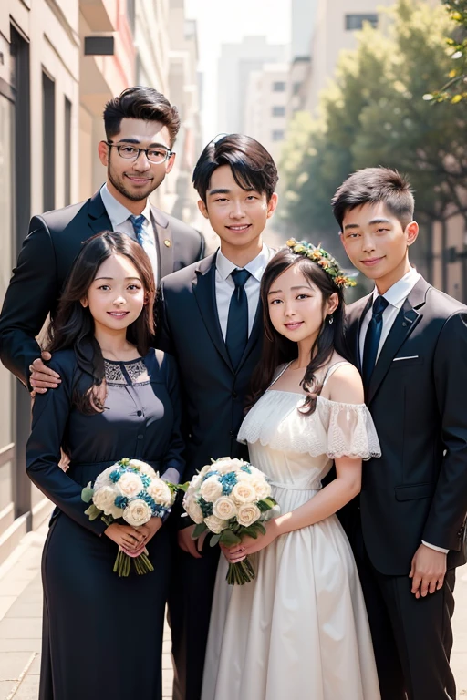 Five people standing together holding bouquets, Graduation photo, family, Wear your degree uniform, graduate student, Photo taken in 2023, happy family