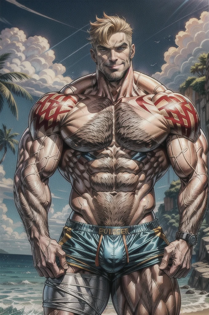 Escanor Seven Deadly Sins, massive bulge in the beach underwear, hairy legs wide open, thick thighs, muscular giant, 3 meters tall bodybuilder, flexing massive biceps, hairy armpits, oversized biceps are 240 inches, with long oversized arms, tattooed biceps, bulging muscles, prominent veins, broad shoulders, beefy build, hefty, muscle swelling, very hot male, beefy pecs, hairy chest, six-pack ABS, hairy abdomen, hairy groin, manly, handsome male, wide jawline, full of muscles veins, stare straight, much testosterone, tough guy, shy smile.