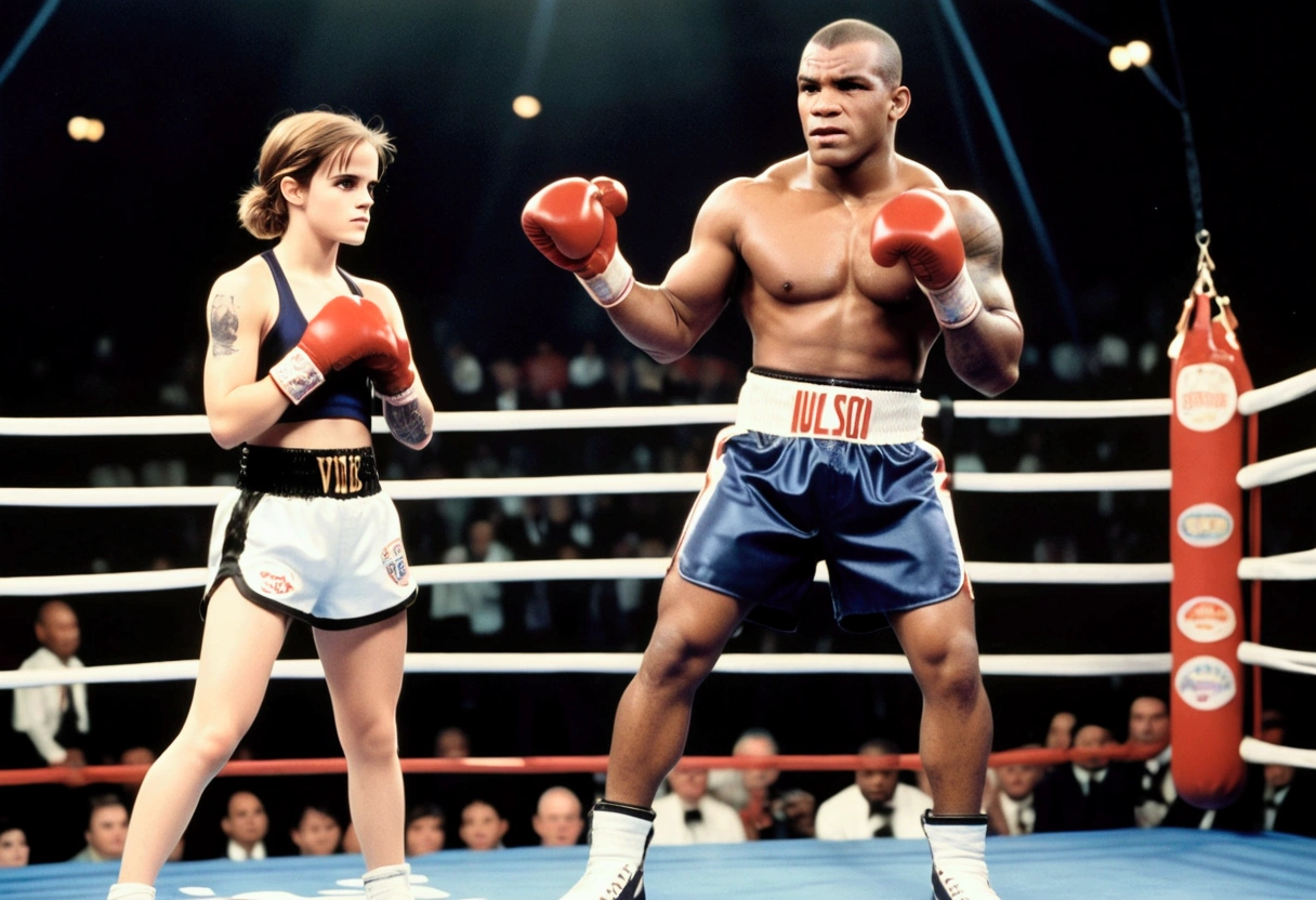 Emma Watson, age 14, cute Olympic boxing outfit, in a boxing stance. She is in the boxing ring facing Mike Tyson (age 30, in his muscular prime, scary tattoos, fighting stance)