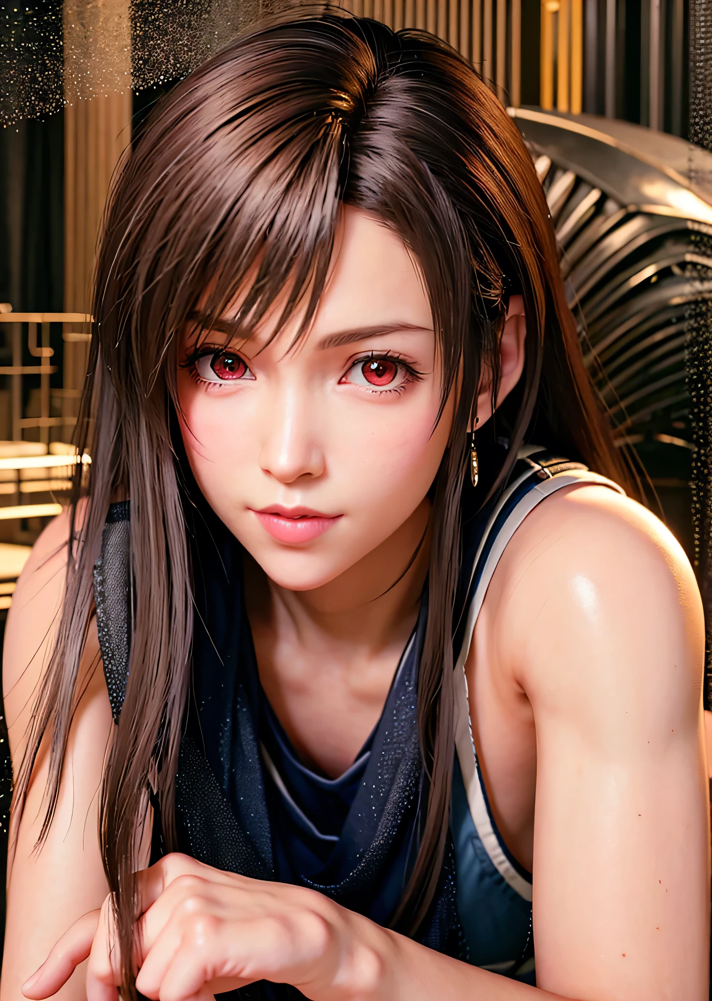 (,Make your face bright red,20-year-old,Long, narrow eyes)(Realistically: 1.4), solo, Highest quality, Very elegant and beautiful, khd, One girl, ff tifa_Lockhart, smile, Cowboy Lens, Harness, Low waist, (Maid clothes,Long black stockings), Brunette color hair, Make your face bright red,Sweat,Long white hair, Wear gloves on your elbows, Beautiful and detailed red eyes, Face Light, Cinema Lighting, belly button, (: 1.0), Old Bar, The background is blurred, Fluttering Hair, Adult Beauty,Lie down in bed,Eating fingers,At the hotel