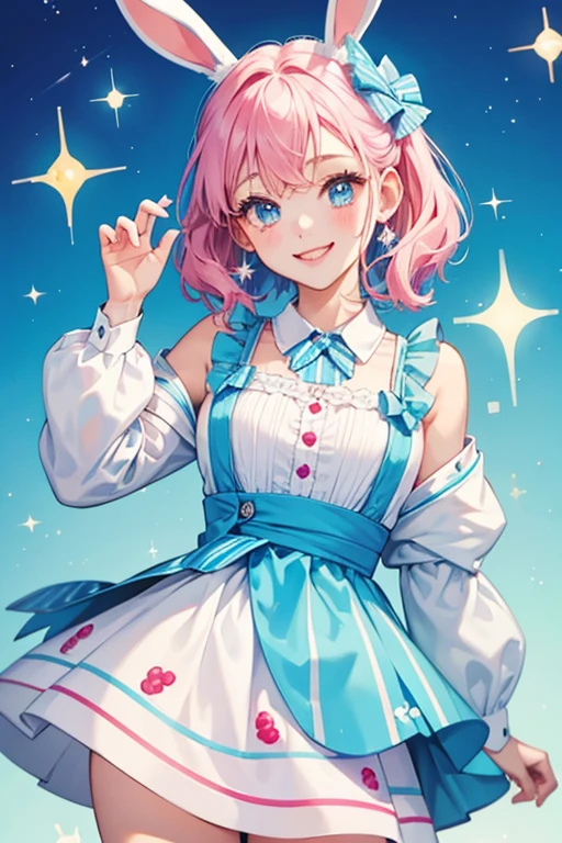 A white, girl bunny marshmallow with a blue winking expression and basic smile. Her  is raspberry striped and she has off-white syrup dripping down her left ear.  SPARKLE; GLITTER