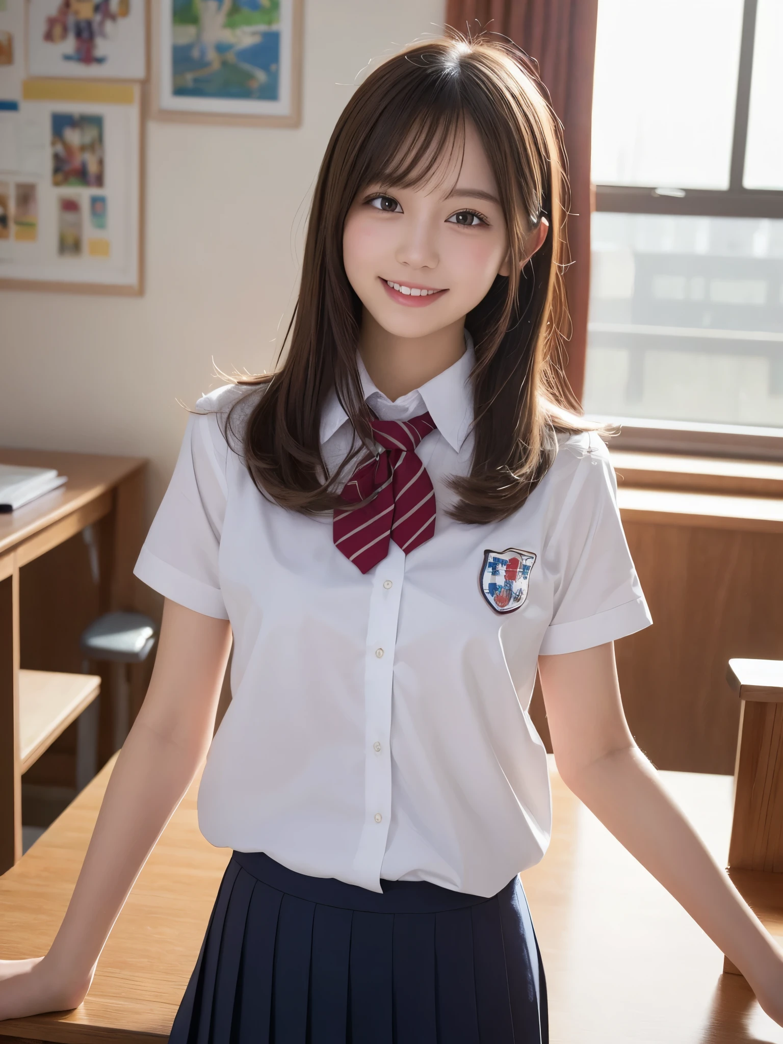 masterpiece, best quality, illustration, ultra-detailed, finely detailed, high resolution, 8K wallpaper, perfect dynamic composition, beautiful detailed eyes, school uniform, medium hair, small breasts, studious pose, smile, looking at camera